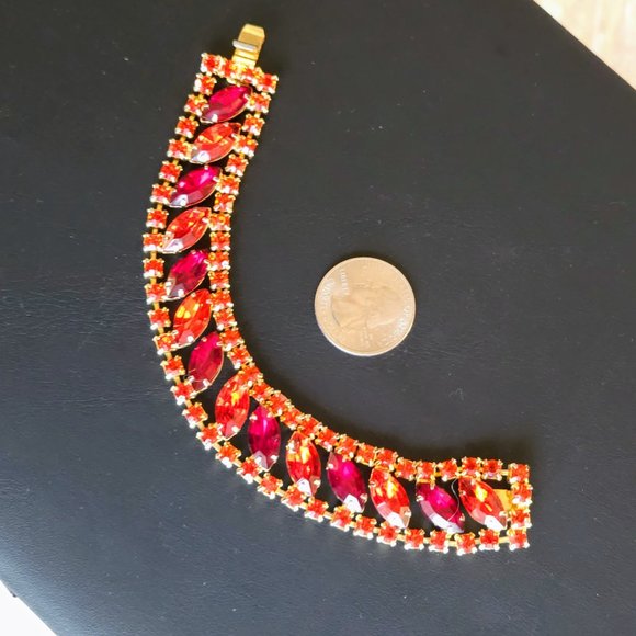 Vintage Orange & Red Rhinestone Flat Bracelet - Picture 7 of 9